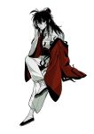  1girl absurdres ahoge bags_under_eyes bandaged_arm bandaged_chest bandaged_foot bandaged_hand bandaged_leg bandages black_eyes black_hair black_shoes breasts chest_sarashi chinese_clothes chinese_commentary cleavage closed_mouth coat coat_partially_removed creature crossed_legs dao_gui_yi_xian eyeball full_body genderswap genderswap_(mtf) hair_between_eyes hair_bun hand_up hanfu highres holding holding_own_hair invisible_chair li_huowang li_sui_(tentacles) limited_palette long_hair long_sleeves looking_at_viewer medium_breasts messy_hair off_shoulder open_clothes open_coat pants red_coat sarashi sash scar scar_on_face shoes sidelocks simple_background single_bare_shoulder single_hair_bun sitting solo spot_color tentacles tentacles_under_clothes white_background white_pants wide_sleeves wuzi3742 