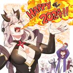  2024 ^_^ absurdres artist_name baby bare_shoulders belt belt_buckle breath_weapon breathing_fire brown_hair buckle character_request child cleavage_cutout closed_eyes clothing_cutout color-les copyright_name detached_sleeves dragon dragon_girl dragon_horns dragon_tail dress english_commentary fang fingernails fire highres horns long_hair mage_and_demon_queen malori_crowett mother_and_son multiple_boys multiple_girls orange_background pale_skin pointy_ears red_dress red_nails scar scar_on_chest sharp_fingernails sharp_teeth single_horn tail teeth v-shaped_eyebrows velverosa white_hair 