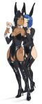 2girls absurdres animal_ears black_hair black_leotard black_thighhighs blue_eyes blue_hair blush breasts buttons cleavage closed_mouth coin covered_navel curvy dark-skinned_female dark_skin detached_collar detached_sleeves fake_animal_ears hand_on_another&#039;s_arm hand_on_own_hip high_heels highres large_breasts latex latex_leotard latex_thighhighs leotard looking_at_another multicolored_hair multiple_girls open_mouth orange_eyes orange_hair original playboy_bunny short_hair simple_background tbocart thick_thighs thighhighs thighs white_background wrist_cuffs 