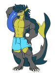 abs anthro biceps brom_(sahurus) claws clothing fangs fin fish green_body grey_body hi_res inflatable inner_tube male marine muscular muscular_male paws pecs rtf-m shark smile solo summer swimming_trunks swimwear tail teeth yellow_body