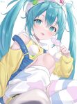  absurdres asymmetrical_legwear badge blue_eyes blue_hair candy denim_overalls food hat hatsune_miku highres knees lollipop long_hair looking_at_viewer shoes simple_background smile thighhighs tokumei_hiyoko tongue tongue_out twintails very_long_hair vocaloid white_background white_hat 