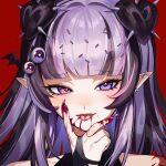  1girl bare_shoulders black_hair blood blood_on_face blood_on_hands blood_on_tongue commentary double_bun ear_piercing english_commentary erinartista eye_hair_ornament eyelashes fangs fangs_out fingernails hair_bun hair_ornament hand_to_own_mouth hand_up heart_hair_bun heterochromia highres indie_virtual_youtuber light_blush long_fingernails long_hair looking_at_viewer multicolored_hair nail_polish piercing pink_eyes pink_streaks pointy_ears portrait purple_eyes purple_hair purple_nails red_background red_lips second-party_source simple_background smile solo spikes sprinkle_hershy sprinkles streaked_hair tongue tongue_out virtual_youtuber 