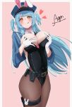  1girl :q absurdres animal_ears argar_demo azur_lane black_leotard black_pantyhose blue_hair blush border breasts fake_animal_ears gloves grabbing_own_breast groin heart highres holster large_breasts leotard looking_at_viewer necktie neptune_(azur_lane) neptune_(officer_bunneptune_is_on_the_case!)_(azur_lane) official_alternate_costume pantyhose pink_background playboy_bunny police red_necktie signature simple_background solo thigh_holster tongue tongue_out two_side_up white_border white_gloves yellow_eyes 