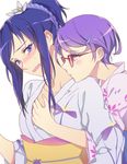  alternate_costume alternate_hairstyle blue_hair blush collarbone couple dokidoki!_precure flower glasses hair_flower hair_ornament hair_up hand_under_clothes hand_under_shirt hishikawa_rikka hug hug_from_behind japanese_clothes kenzaki_makoto kimono kiss long_hair multiple_girls neck_kiss negom ponytail precure purple_hair shirt short_hair simple_background upper_body wavy_mouth white_background yukata yuri 