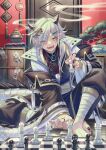  1boy absurdres bandaged_leg bandages barefoot black_horns black_kimono black_nails black_pants board_game chess chess_piece commentary_request ear_piercing eyes_visible_through_hair fangs full_body green_eyes grey_hair hair_ornament highres holding holding_chess_piece horns indoors japanese_clothes jewelry kimono long_hair long_sleeves looking_at_viewer male_focus nail_polish necklace open_mouth original pants piercing ring sitting smile solo suzaku_(zaku6584) toenail_polish toenails wide_sleeves x_hair_ornament 