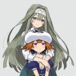  2girls blush breast_rest breasts breasts_on_head brown_hair duel_monster exosister_irene exosister_sophia hairband highres large_breasts long_hair multiple_girls purple_eyes short_hair smile yu-gi-oh! 