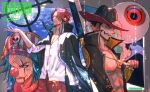  3boys beard beard_stubble black_cape black_hair blue_hair buggy_the_clown cape clenched_teeth commentary_request cross_pendant dracule_mihawk facial_hair hat highres kawo_(kawo2525_) makeup male_focus multiple_boys mustache one_piece pirate_hat rain red_eyes red_hair red_lips shanks_(one_piece) shirt short_hair stubble sword sword_on_back teeth upper_body weapon weapon_on_back white_shirt 