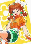  1girl aqua_shorts artist_name ass bandage_on_leg bike_shorts bike_shorts_under_shorts blue_eyes bow brown_hair cropped_jacket denim denim_shorts earrings fingerless_gloves flower_earrings gloves gpyz7575 hair_bow highres jacket jewelry mario_(series) mario_kart mario_kart_world no_crown official_alternate_costume official_alternate_hairstyle one_eye_closed open_mouth orange_gloves orange_jacket parted_bangs princess_daisy princess_daisy_(touring) puffy_short_sleeves puffy_sleeves short_sleeves shorts smile solo teeth upper_teeth_only white_undershirt 