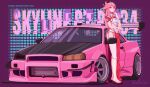  1girl absurdres artist_name blush boots breasts car cleavage cleavage_cutout clothing_cutout earrings feet genshin_impact gloves hair_ears hair_ornament highres jewelry long_hair looking_at_viewer medium_breasts motor_vehicle nail_polish navel open-toe_shoes pink_hair purple_eyes sandals shirt solo stomach taylorcat toenail_polish toenails vision_(genshin_impact) white_gloves yae_miko 