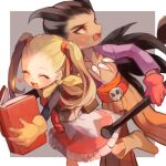  1boy 1girl backpack bag belt black_shirt blonde_hair book boots border brown_belt brown_boots brown_hair dark-skinned_male dark_skin dragon_quest dragon_quest_builders_2 dress fang female_builder_(dqb2) fringe_trim gloves grey_background hair_horns hair_pulled_back hair_ribbon hand_on_another&#039;s_waist heart high-waist_pants holding holding_book holding_weapon hotaro_(bread_fusa) jewelry looking_back low_ponytail neckerchief necklace open_book open_clothes open_shirt orange_pants pants ponytail profile purple_shirt red_belt red_dress red_eyes red_gloves red_ribbon ribbon shirt shirt_under_dress sidoh_(dqb2) skull_belt smile spiked_hair sweatdrop tooth_necklace twintails two-tone_dress weapon white_border white_dress yellow_gloves yellow_neckerchief 