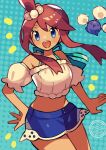  1girl anidler91 bare_shoulders bikini bikini_under_clothes bikini_under_shorts blue_bikini blue_eyes blue_shorts breasts crop_top hair_ornament highres jumpluff looking_at_viewer medium_breasts midriff navel off-shoulder_shirt off_shoulder official_alternate_costume one_side_up open_mouth pokemon pokemon_(creature) pokemon_masters_ex red_hair shirt shorts sidelocks skyla_(pokemon) skyla_(summer_2025)_(pokemon) smile solo swimsuit 
