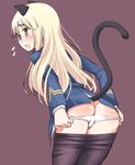  animal_ears ass black_legwear blonde_hair blush cat_ears cat_tail chihaya_72 flying_sweatdrops glasses long_hair long_sleeves looking_at_viewer looking_back open_mouth panties panty_pull pantyhose pantyhose_pull perrine_h_clostermann simple_background solo strike_witches tail underwear undressing white_panties world_witches_series yellow_eyes 