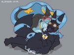 ambris_(budzisfun) badge belly belly_rub big_belly black_body black_fur blue_belly blue_body blue_fur blue_markings blue_nose blushy canid canine curled_up duo eeveelution endosoma eyes_closed eyewear eyewear_on_head felid feline female feral fur generation_2_pokemon generation_4_pokemon goggles goggles_on_head hi_res internal its_shaade luxio lying male male/female mammal markings nintendo on_side onomatopoeia pokemon pokemon_(species) rumbling_stomach safe_vore scarf shiny_pokemon shy sound_effects spooky_the_luxio star_(marking) text umbreon vore yellow_markings