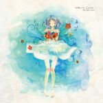  1girl absurdres album_cover artist_request bare_shoulders barefoot blue_background blue_flower blue_hair blush bruise closed_eyes cover dress facing_viewer fern fish floating_clothes flower full_body highres holding holding_flower injury jewelry leaf marmalade_butcher_(band) medium_hair multicolored_hair necklace official_art orange_flower painting_(medium) pearl_necklace purple_flower purple_hair red_flower second-party_source solo song_name spaghetti_strap straight-on streaked_hair sundress sunflower traditional_media watercolor_(medium) white_dress yellow_flower 