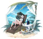  1girl absurdres alternate_costume bare_legs beach_chair beer_bottle bikini black_bikini black_horns black_sandals blue_sky bottle breasts can cellphone chair coconut commentary cup curled_horns day drink_can drinking_glass food fruit grey_hair hair_between_eyes highres horns incredibly_absurdres large_breasts legs long_hair looking_at_viewer navel on_chair outdoors parted_lips phone pineapple red_eyes sandals see-through_clothes side-tie_bikini_bottom sitting sky smartphone solo sp123 stomach swimsuit tacet_discord_(wuthering_waves) tail thighs toes tubpup_(wuthering_waves) watermelon wide_shot wuthering_waves zani_(wuthering_waves) 