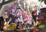  4girls ahoge bell beret blonde_hair blue_eyes blush bow braid character_doll csejte_pyramid_himeji_castle doll dragon dragon_girl dragon_horns dumuzid_(fate) eliza_the_nine-tattooed_dragon_(fate) fate/grand_order fate_(series) grey_hair hair_between_eyes hair_bow hair_ribbon hat holy_grail_(fate) horns jeanne_d&#039;arc_alter_santa_lily_(fate) johanna_(fate) leonardo_da_vinci_(fate) long_hair mini_nobu_(fate) multiple_girls nursery_rhyme_(fate) oda_nobunaga_(fate) official_art open_mouth parvati_(fate) pink_hair pointy_ears ponytail promotional_art purple_eyes purple_hair ribbon second-party_source shino_(eefy) smile statue twin_braids yellow_eyes 