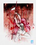  absurdres armor bikini_armor black_ribbon blood blood_stain bodysuit boots flag highres holding holding_polearm holding_weapon lupa_(wuthering_waves) open_mouth pink_hair polearm ribbon screaming weapon wuthering_waves yellow_eyes 