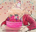 2025 5_fingers abstract_background anthro artist_name birthday birthday_cake blonde_hair blue_eyes cake cavemanon_studios clothing confetti deadassspider dessert digital_drawing_(artwork) digital_media_(artwork) dinosaur eating eating_cake eating_food eyelashes female fingers food hadrosaurid hair hat headgear headwear hi_res i_wani_hug_that_gator jacket long_hair magenta_body magenta_scales mia_moretti multicolored_body multicolored_scales ornithischian ornithopod parasaurolophus party_hat prehistoric_species red_clothing red_jacket red_topwear reptile scales scalie snout solo text topwear two_tone_body two_tone_scales watermark white_body white_scales