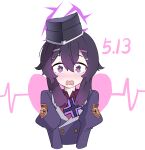  1girl black_hat black_jacket blue_archive blush collared_shirt commentary cropped_torso double-parted_bangs english_commentary garrison_cap hair_between_eyes hair_ornament hairclip halo happy happy_tears haruka_(blue_archive) hat heart heartbeat highres jacket juliet_sleeves lcz long_sleeves looking_at_viewer nose_blush open_mouth parallel_hairclips puffy_sleeves purple_eyes purple_hair purple_halo purple_pupils red_shirt shirt short_hair_with_long_locks solo tearing_up tears upper_body wavy_eyes wavy_mouth wide-eyed 