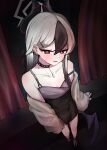 1girl absurdres bare_shoulders black_dress black_hair black_shoes blue_archive cardigan demon_girl demon_horns demon_wings dress ear_piercing grey_cardigan hair_behind_ear hair_between_eyes highres horns kayoko_(blue_archive) kayoko_(dress)_(blue_archive) long_hair looking_at_viewer multicolored_hair official_alternate_costume official_alternate_hairstyle piercing pueichigo red_eyes shoes single_wing solo two-tone_hair white_hair wings 