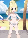  1girl :d beach_towel bikini blonde_hair chiwino cloud collarbone commentary_request day green_eyes hands_on_own_hips happy highres knees large_variant_set lillie_(pokemon) long_hair looking_at_viewer open_mouth outdoors palm_tree pokemon pokemon_(anime) pokemon_(creature) pokemon_sm_(anime) sand sandygast shore sky smile standing swimsuit towel tree variant_set water white_bikini 