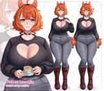  1girl absurdres ahoge animal_ears black_choker boots breasts brown_boots choker cleavage cleavage_cutout closed_mouth clothing_cutout cup denim english_commentary english_text full_body glasses grid_background hair_between_eyes hairband heart heart_background heart_choker heart_cutout highres holding holding_cup holding_saucer huge_breasts indie_virtual_youtuber long_sleeves lucahjin_(character) medium_hair mole mole_on_breast mole_under_eye multiple_views orange_eyes orange_hair pants pocket ribbed_sweater saucer shadow sparkle standing straight-on sweater tareme teacup thick_thighs thighs torn_clothes torn_pants upper_body white_background yami_(eunriie) yellow-framed_eyewear zoom_layer 