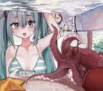  1girl aqua_eyes aqua_hair aqua_nails arm_up bikini blush breasts commentary fish_tank hair_between_eyes hatsune_miku heart highres long_hair looking_at_viewer medium_breasts microa nail_polish octopus open_mouth solo starfish striped_bikini striped_clothes sweat swimsuit translated twintails upper_body variant_set vocaloid 
