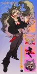  1girl animal animal_collar animal_ears ashva black_jacket black_pants blue_background collar commission fang finger_gun floating_hair full_body grey_hair highres jacket long_hair looking_at_viewer open_clothes open_jacket original pants red_nails solo standing very_long_hair wolf wolf_ears wolf_girl yellow_eyes 