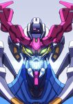  absurdres alternate_form commentary_request glowing glowing_eyes gquuuuuux green_eyes grey_background gundam gundam_gquuuuuux highres ka_ki_o looking_at_viewer mecha mecha_focus mobile_suit no_humans open_mouth portrait robot science_fiction solo spoilers v-fin 