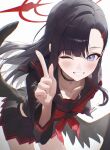  1girl armband black_choker black_sailor_collar black_serafuku black_wings blue_archive blue_eyes blush choker commentary_request feathered_wings halo highres ichika_(blue_archive) index_finger_raised leaning_forward long_hair long_sleeves looking_at_viewer low_wings midriff_peek neckerchief one_eye_closed parted_bangs pleated_skirt red_armband red_halo red_neckerchief sailor_collar school_uniform senriyama serafuku simple_background single_hair_intake skirt smile solo unusually_open_eyes white_background wings 
