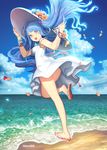  beach blue_eyes blue_hair day dress hat long_hair mandrill open_mouth original sandals solo sun_hat white_dress 