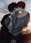  2boys absurdres alternate_costume bite_mark black_hair boku_no_hero_academia brothers burn_scar closed_eyes commission dabi_(boku_no_hero_academia) dirty dirty_clothes earrings french_kiss hand_on_another&#039;s_neck hickey highres incest jewelry kiss long_sleeves male_focus multicolored_hair multiple_boys multiple_earrings multiple_scars pants red_hair saika076 scar scar_on_arm scar_on_face scar_on_hand scar_on_neck short_hair siblings sitting sitting_on_lap sitting_on_person spiked_hair split-color_hair sunset tank_top todoroki_shoto tongue twitter_username two-tone_hair white_hair white_tank_top yaoi 