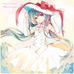  2013 bow bowtie character_name dated elbow_gloves gloves hand_on_headwear happy_birthday hat hatsune_miku long_hair looking_at_viewer simple_background skirt smile solo sun_hat tama_(songe) twintails very_long_hair vocaloid 