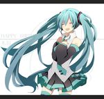  aqua_hair closed_eyes dated detached_sleeves hands_on_own_chest happy_birthday harusawa hatsune_miku headset letterboxed long_hair necktie open_mouth skirt solo thighhighs twintails very_long_hair vocaloid 