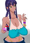  1girl bare_shoulders blue_hair bracelet braid breasts covered_nipples curvy echa erect_nipples female green_eyes hanging_breasts highres huge_breasts jewelry long_breasts long_hair long_twintails loose_clothes midriff mound_of_venus nail_polish navel no_bra panties pants phone pointy_breasts sagging_breasts simple_background solo standing tan tanline thong twintails underwear wide_hips yellow_panties 