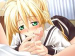  1girl blonde_hair blush fellatio game_cg green_eyes liliana_lun_lun_guenther long_hair oral penis princess_waltz school_uniform serafuku takeya_masami uncensored very_long_hair 