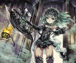  armor axe bare_shoulders battle_axe black_legwear blue_eyes bodysuit elbow_gloves fire gauntlets gloves green_hair hair_ornament hair_tubes jewelry long_hair looking_at_viewer necklace open_door original solo thighhighs weapon yoshimo_(yoshimo1516) 