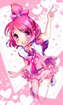  bow dokidoki!_precure frills full_body hair_bow half_updo heart heart_background personification pink_bow pink_eyes pink_hair precure ro_(igris-geo) sharuru_(dokidoki!_precure) sharuru_(dokidoki!_precure)_(human) shirt shoes short_hair skirt smile solo thighhighs v white_legwear zettai_ryouiki 