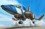  1other blue_sky canopy_(aircraft) cloud commentary_request core_fighter dust_cloud gundam highres landing_gear military_vehicle mobile_suit_gundam pilot science_fiction sky spacecraft starfighter unfinished vehicle_focus youkoumori 