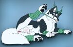  animal_genitalia anus balls black_body black_fur black_nose black_pawpads blue_background blue_eyes canid canine cheek_tuft chest_tuft facial_tuft feral fully_sheathed fur genitals green_horn grey_body grey_fur hi_res horn killthe_demon looking_at_viewer lying male male_feral mammal on_side pawpads red_anus sheath simple_background solo tail tuft white_balls white_body white_fur white_sheath white_tail 