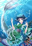  blue_eyes blue_hair bubble coral dolphin fish floral_print head_fins highres japanese_clothes kimono looking_at_viewer mermaid monster_girl obi open_mouth sash smile solo stingray touhou underwater villyane wakasagihime 
