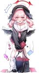  1girl absurdres beret black_bag black_hat black_shirt black_shoes black_wings blue_archive blush body_markings book collarbone commentary_request condom_box feathered_wings halo haniwa_(statue) hat head_wings highres koharu_(blue_archive) long_hair looking_at_viewer loose_socks low_wings mini_wings miniskirt open_mouth pink_eyes pink_hair pink_halo pink_skirt pleated_skirt revision sailor_collar sak_(lemondisk) shirt shoes simple_background single_bare_shoulder single_off_shoulder skirt sleeves_past_fingers sleeves_past_wrists socks solo spaghetti_strap sweat thighs too_many too_many_books twintails white_background white_sailor_collar white_socks winged_halo wings 