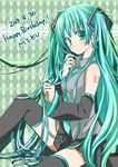  2013 aqua_eyes aqua_hair argyle argyle_background bad_id bad_pixiv_id character_name dated detached_sleeves happy_birthday hatsune_miku long_hair momomochi necktie sitting skirt solo thighhighs twintails very_long_hair vocaloid 