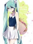  aqua_eyes aqua_hair arms_behind_back bad_id bad_pixiv_id bouquet character_name dated flower happy_birthday hatsune_miku kuwa_(katko) long_hair skirt solo twintails very_long_hair vocaloid 