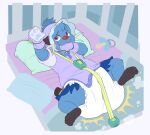 3_toes ambiguous_gender aqua_(innocentenough) band-aid band-aid_on_face band-aid_on_nose bandage bandage_on_face bandage_on_nose bed_sheet bedding black_feet black_tail blanket blue_body blue_fur blush blush_lines bodily_fluids bondage_gear bondage_gloves bonnet border bubblepuppers button_(fastener) clothed clothing crib cute_fangs dewott diaper diaper_puff drooling fangs feces feet feral fur generation_5_pokemon hand_in_mouth handwear headgear headwear hi_res lock_symbol looking_at_viewer lying nintendo on_back on_pillow onesie open_onesie pacifier pawprint_clothing pillow plantigrade pokemon pokemon_(species) pooping purple_bonnet purple_eyes purple_onesie reaching reaching_towards_viewer red_nose saliva smile soiled_diaper soiling soiling_diaper solo spread_legs spreading strapped_down straps straps_across_chest tail teeth toes unclean_diaper used_diaper wearing_diaper whiskers white_border