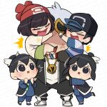  2girls 3boys :o anger_vein black_hair black_hat black_jacket black_pants blue_pants blue_shirt brother_and_sister chibi chibi_only elio_(pokemon) eyewear_on_head full_body grabbing_another's_face green_shorts grey_hair guzma_(pokemon) hat head_grab jacket komoten_(yuigadokusontei) liza_(pokemon) long_sleeves looking_at_another multicolored_hair multiple_boys multiple_girls open_clothes open_jacket pants pokemon pokemon_masters_ex pokemon_oras pokemon_sm red_hat selene_(pokemon) shirt short_sleeves shorts siblings sunglasses sweatdrop tate_(pokemon) twins two-tone_hair white_background white_shirt 