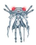  bodysuit breasts cape gloves glowing glowing_eyes highres kantai_collection long_hair medium_breasts monster nami_nami_nami pale_skin red_eyes shinkaisei-kan silver_hair solo standing thighhighs wand white_background wo-class_aircraft_carrier 