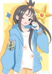  1girl ;d absurdres blue_hoodie border bracelet character_print commentary_request cube_hair_ornament dive_ball hair_ornament highres holding holding_poke_ball hood hood_down hoodie jewelry leo25_k lida_(pokemon) long_hair long_sleeves one_eye_closed open_clothes open_hoodie open_mouth outside_border poke_ball pokemon pokemon_(creature) pokemon_legends:_z-a shirt smile sparkle staryu topknot white_border white_shirt yellow_background 