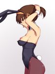  animal_ears breasts brown_eyes brown_hair bunny_ears bunny_tail bunnysuit detached_collar hair_tucking haruhisky highres medium_breasts mouth_hold nipples pantyhose profile short_hair solo suzumiya_haruhi suzumiya_haruhi_no_yuuutsu tail wrist_cuffs 
