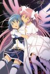  :d absurdres blue_eyes blue_hair blush bow brown_eyes cape gloves hair_bow hair_ornament hairclip highres holding_hands ishihara_keiji kaname_madoka long_hair mahou_shoujo_madoka_magica mahou_shoujo_madoka_magica_movie miki_sayaka multiple_girls nebula non-web_source official_art open_mouth pink_hair short_hair short_twintails skirt smile space star_(sky) thighhighs twintails two_side_up very_long_hair white_legwear wings zettai_ryouiki 